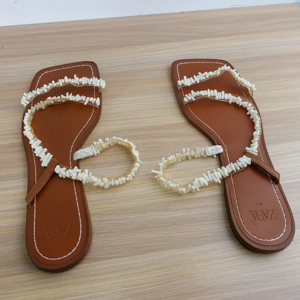 ZARA Coastal Boho Beaded Flat Sandals Womens 10.5 White Strappy Beach Slides - Picture 4 of 9